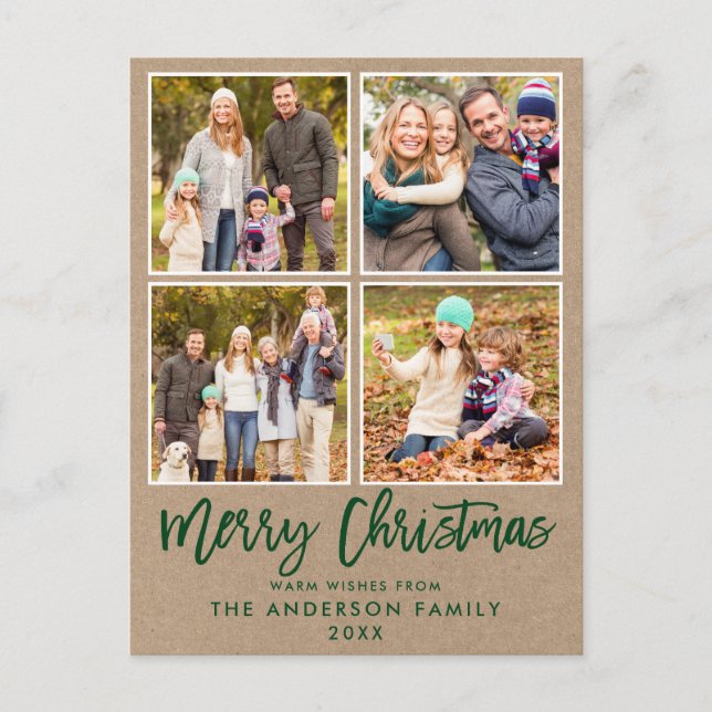 Brush Script Kraft Family 4 Photo Christmas Green Postcard (Front)