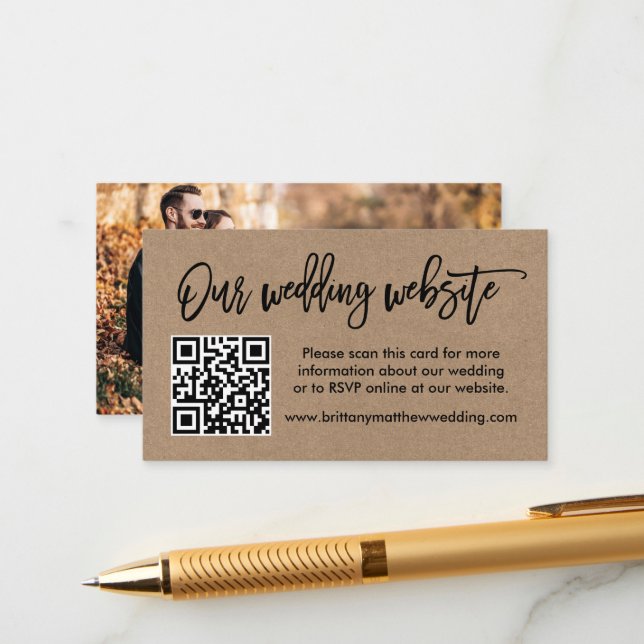 Brush Script Kraft Wedding Website QR Photo Enclosure Card (Front/Back In Situ)