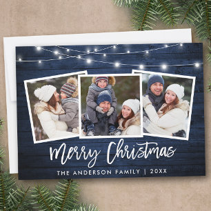 Brush Script Lights Blue Wood 3 Photo Christmas Holiday Card
