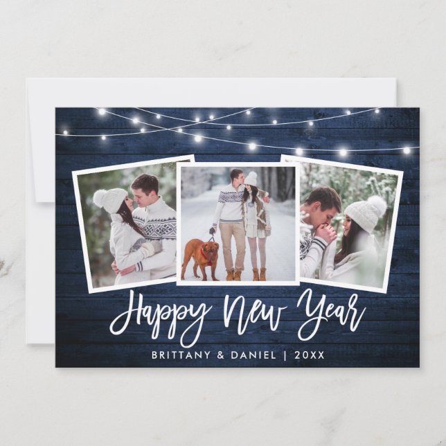 Brush Script Lights Blue Wood 3 Photo New Year Holiday Card (Front)