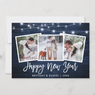 Brush Script Lights Blue Wood 3 Photo New Year Holiday Card