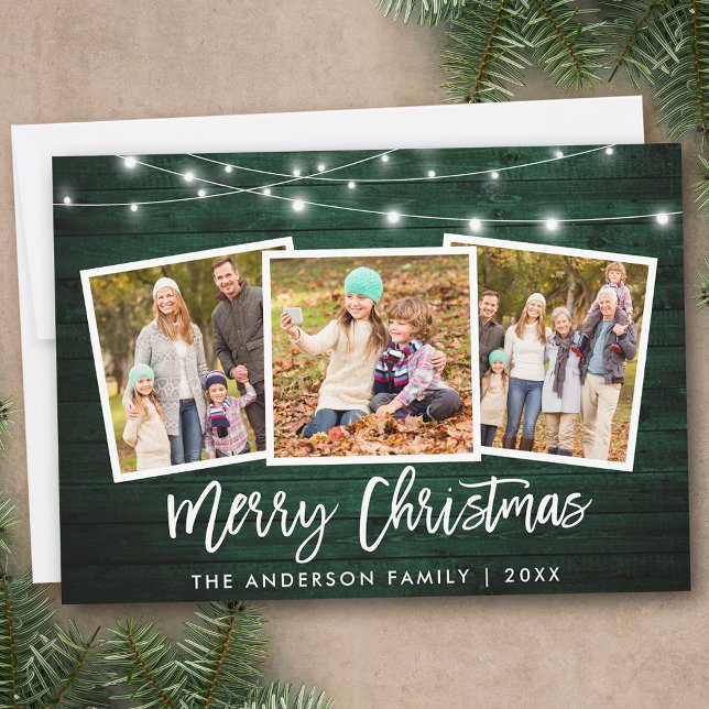 Brush Script Lights Green Wood 3 Photo Christmas Holiday Card (Customize to add text to back of card.)