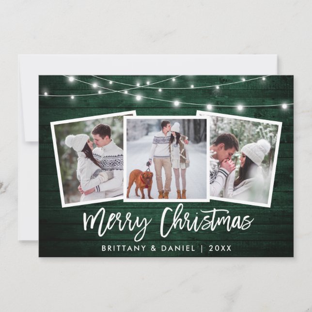 Brush Script Lights Green Wood 3 Photo Christmas Holiday Card (Front)