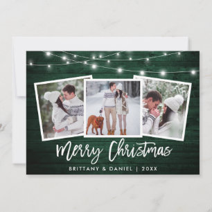 Brush Script Lights Green Wood 3 Photo Christmas Holiday Card