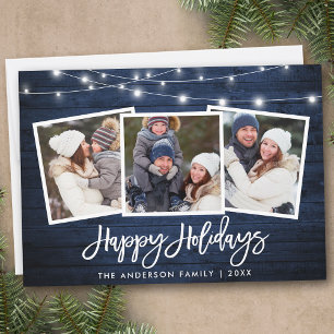 Brush Script Lights Rustic Blue Wood 3 Photo Holiday Card
