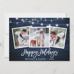 Brush Script Lights Rustic Blue Wood 3 Photo Holiday Card