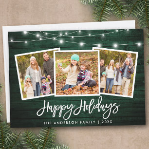 Brush Script Lights Rustic Green Wood 3 Photo Holiday Card