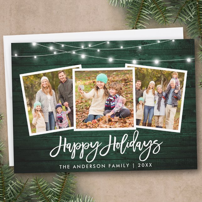 Brush Script Lights Rustic Green Wood 3 Photo Holiday Card (Customize to add text to back of card.)