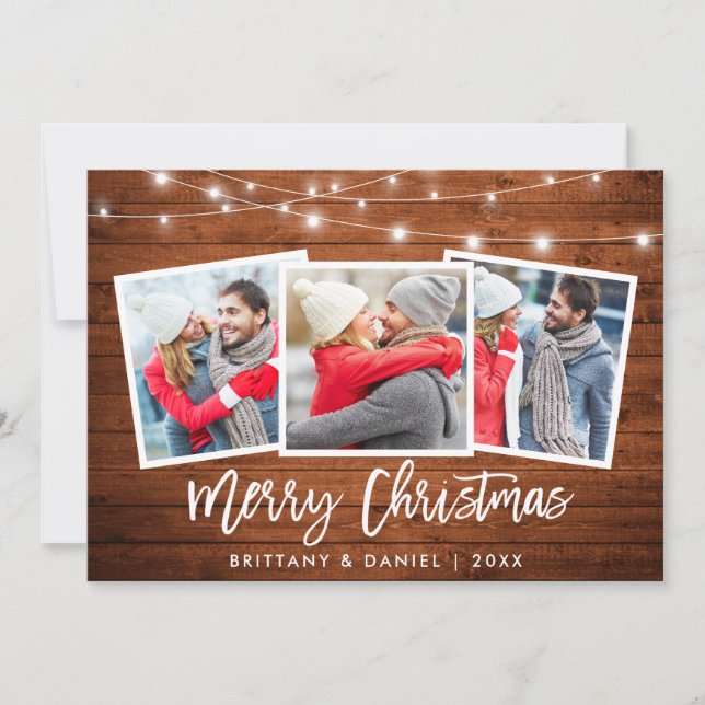 Brush Script Lights Rustic Wood Christmas 3 Photo Holiday Card (Front)