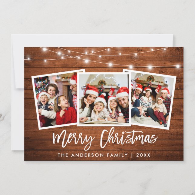 Brush Script Lights Wood 3 Photo Christmas Star Holiday Card (Front)