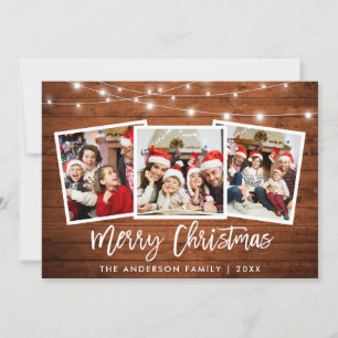 Brush Script Lights Wood 3 Photo Christmas Star Holiday Card