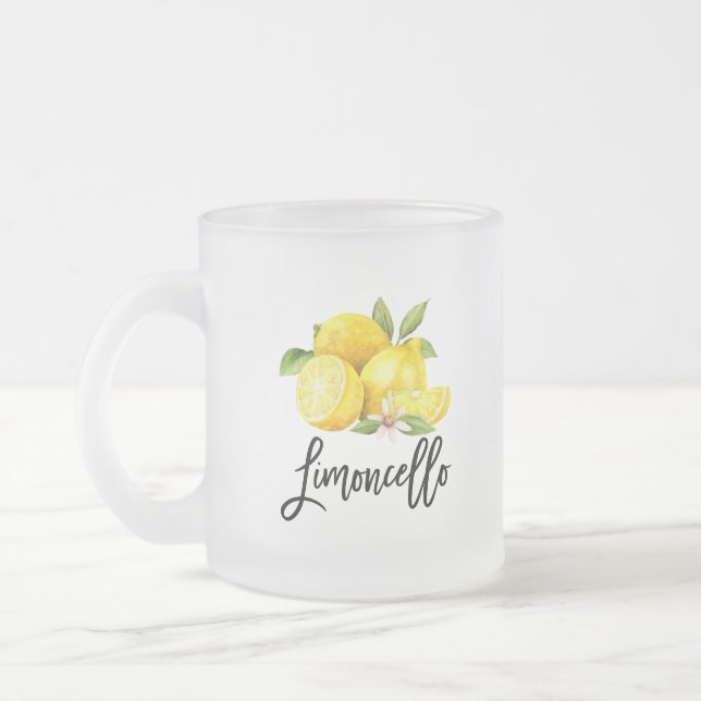 Brush Script Limoncello Lemons Frosted Glass Mug (Left)