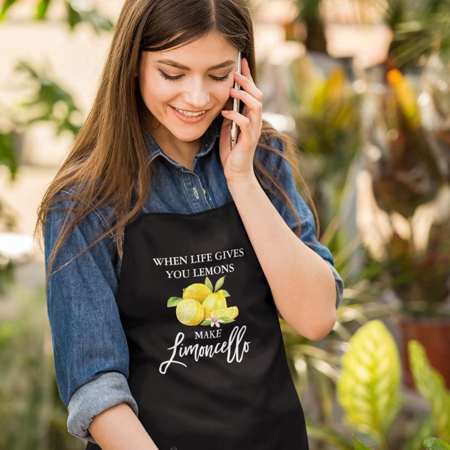 Brush Script Limoncello Watercolor Lemons Black Apron (Customize to change your personalized text size or text style.)