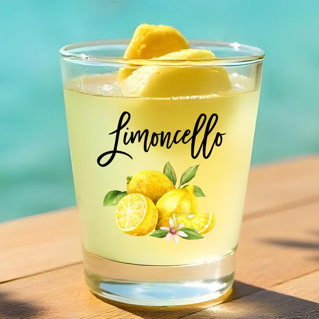 Brush Script Limoncello Watercolor Lemons Shot Glass (Watercolor Lemons and Brush Script Calligraphy Limoncello Shot Glass)
