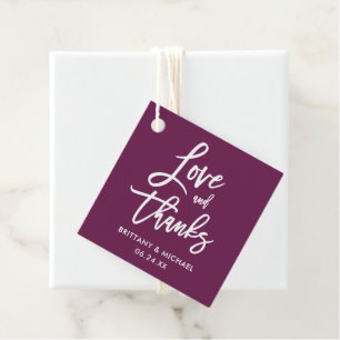 Brush Script Love and Thanks Wedding Cassis Favour Tags