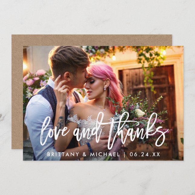 Brush Script Love and Thanks Wedding Kraft Card (Front/Back)