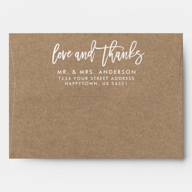 Brush Script Love and Thanks Wedding Kraft Style Envelope (Back (Top Flap))