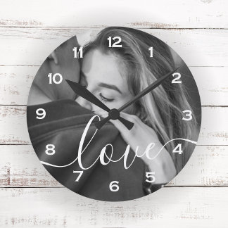 Brush Script Love Custom Photo Keepsake Round Clock