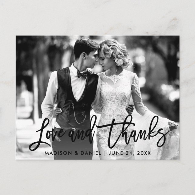 Brush Script Love Thanks Black and White Photo Postcard (Front)