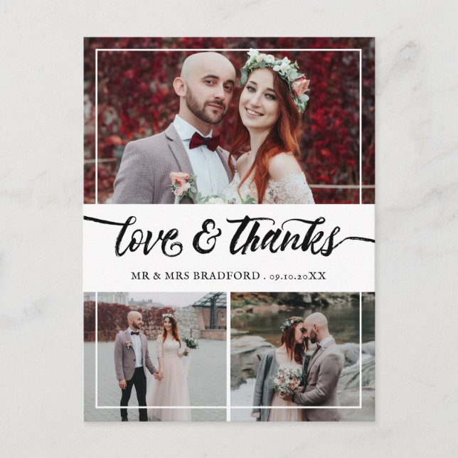 Brush Script Love & Thanks Wedding Collage Announcement Postcard (Front)