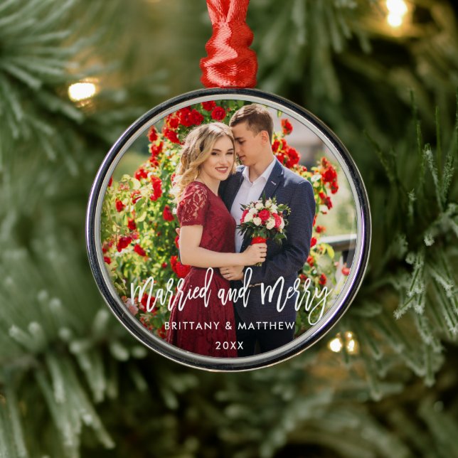 Brush Script Married and Merry Photo Wedding Metal Tree Decoration (Tree)