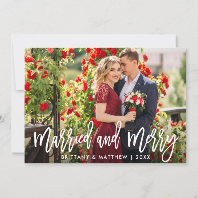 Brush Script Married & Merry Photo Christmas Holiday Card (Front)