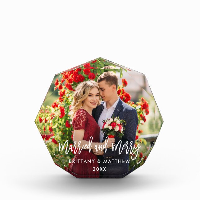 Brush Script Married & Merry Photo Wedding Octagon Block (Front)