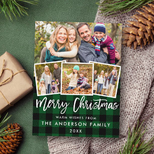 Brush Script Merry Christmas 4 Photo Green Plaid Postcard