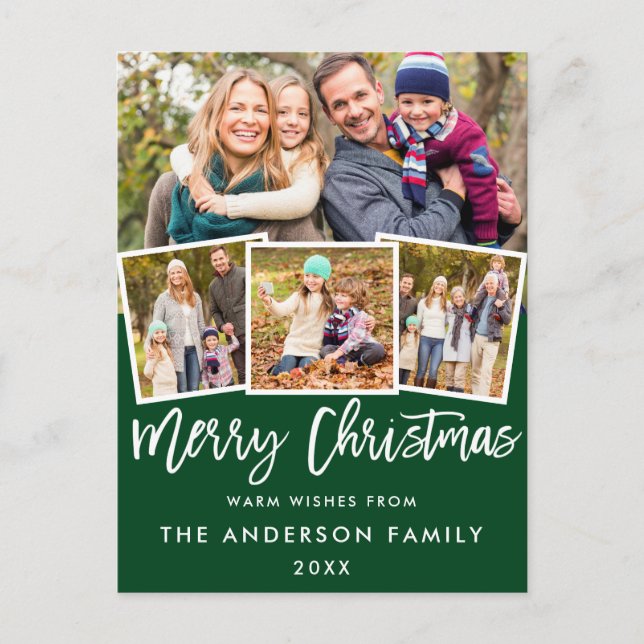 Brush Script Merry Christmas 4 Photo Green Postcard (Front)