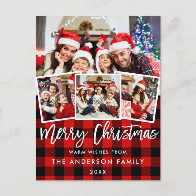 Brush Script Merry Christmas 4 Photo Red Plaid Postcard (Front)