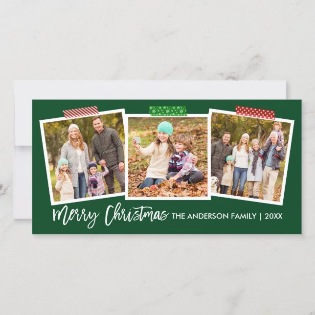 Brush Script Merry Christmas Craft Tape Green Wide Holiday Card (Front)