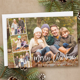 Brush Script Merry Christmas Family 4 Photo Holiday Card