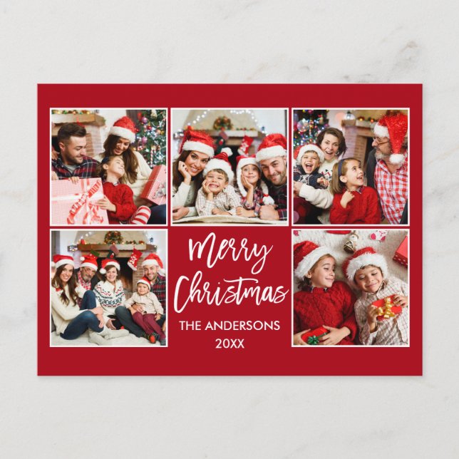 Brush Script Merry Christmas Family 5 Photo Red Postcard (Front)