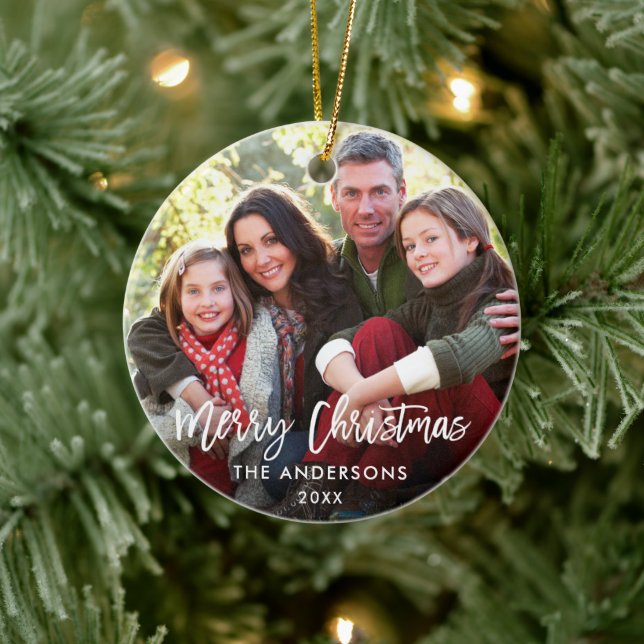 Brush Script Merry Christmas Family Photo RW Ceramic Tree Decoration (Tree)
