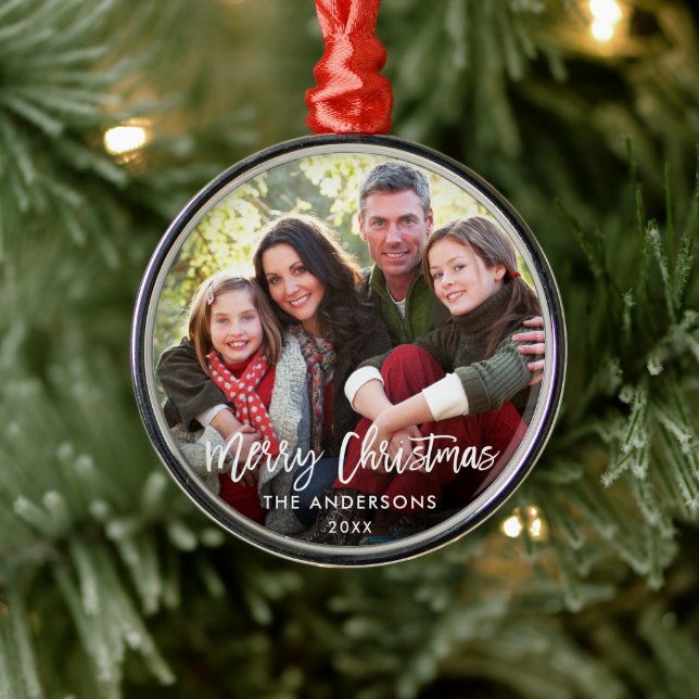 Brush Script Merry Christmas Family Photo RW Metal Tree Decoration (Tree)