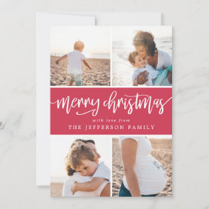 Brush Script Merry Christmas Photo Collage Holiday Card