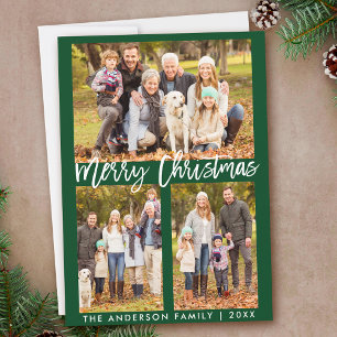 Brush Script Merry Christmas Photo Green Holiday Card
