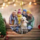 Brush Script Merry Christmas Photo Red Back Ceramic Tree Decoration<br><div class="desc">Modern Brush Script Merry Christmas Family Photo Ornament - Red Snowflakes back</div>