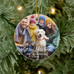 Brush Script Merry Christmas Photo Red Back Ceramic Tree Decoration<br><div class="desc">Modern Brush Script Merry Christmas Family Photo Ornament - Red Snowflakes back</div>