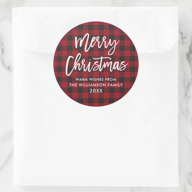 Brush Script Merry Christmas Red Buffalo Plaid Classic Round Sticker (Bag)