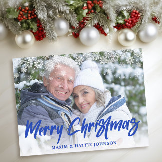 Brush Script Merry Christmas Snowflakes Photo Holiday Postcard
