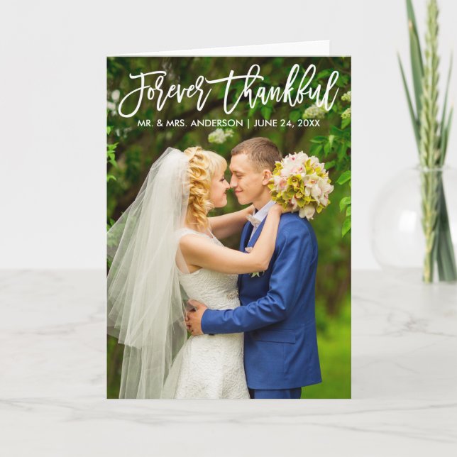 Brush Script Modern Forever Thankful Wedding Fold Thank You Card (Front)