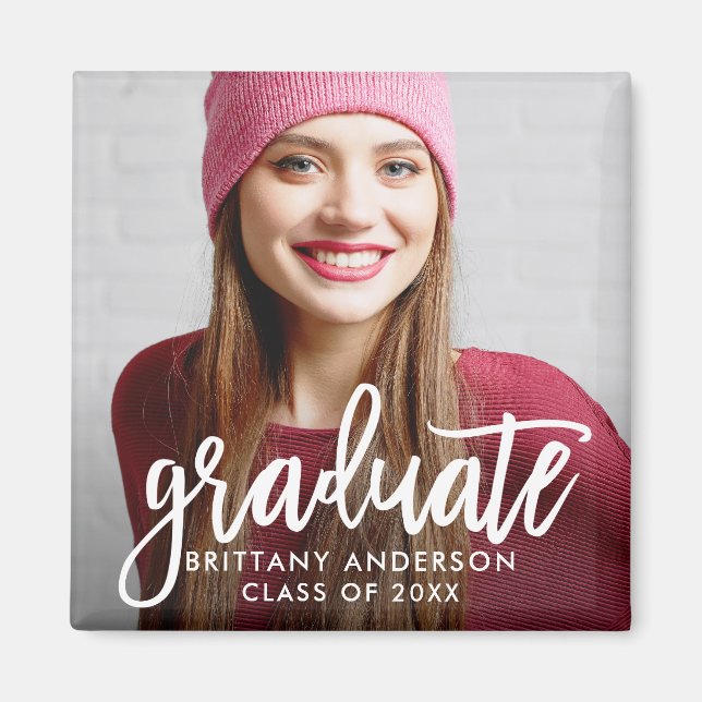 Brush Script Modern Graduation Announcement Square Magnet (Front)