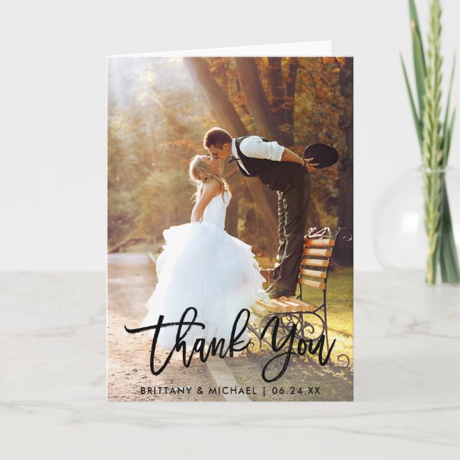 Brush Script Modern Wedding Photo Folded Thank You Card (Front)