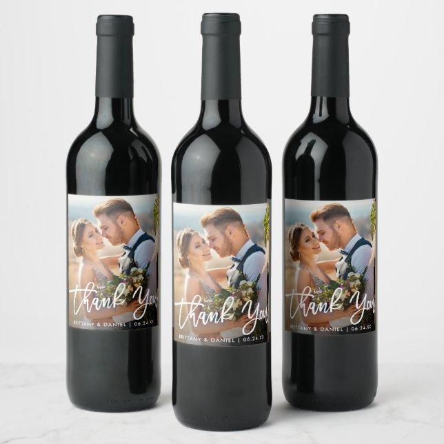 Brush Script Modern Wedding Thank You Photo W Wine Label (Bottles)