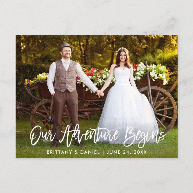 Brush Script Our Adventure Begins Wedding Thanks Postcard (Front)