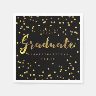 Brush Script Personalised Gold Foil Confetti Black Napkin