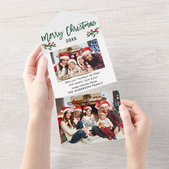 Brush Script Photo Green All In One Christmas Card (Tearaway)