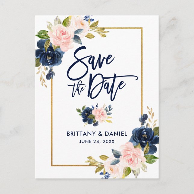 Brush Script Pink Blue Floral Gold Save the Date Announcement Postcard (Front)