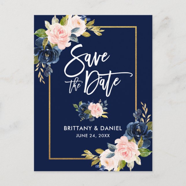 Brush Script Pink Blue Floral Save the Date Announcement Postcard (Front)